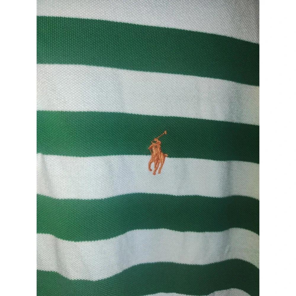 Polo Ralph Lauren Mens Green White Striped Short Sleeve Polo Shirt Orange Pony M